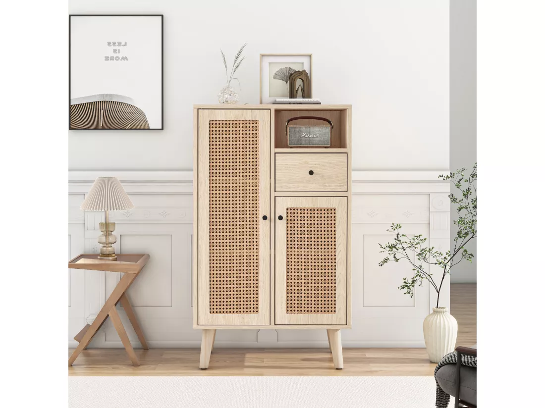 Commode en Bois avec 2 Portes en Rattan et 1 Tiroir, Buffet de Rangement avec Grand Espace, Meuble de Salon, Dimensions 60x40x101 cm