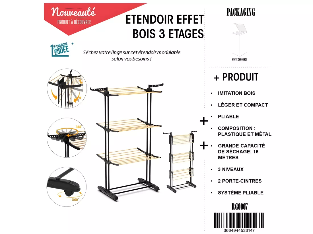 Etendoir Effet Bois 3 Etages 73x64x173cm