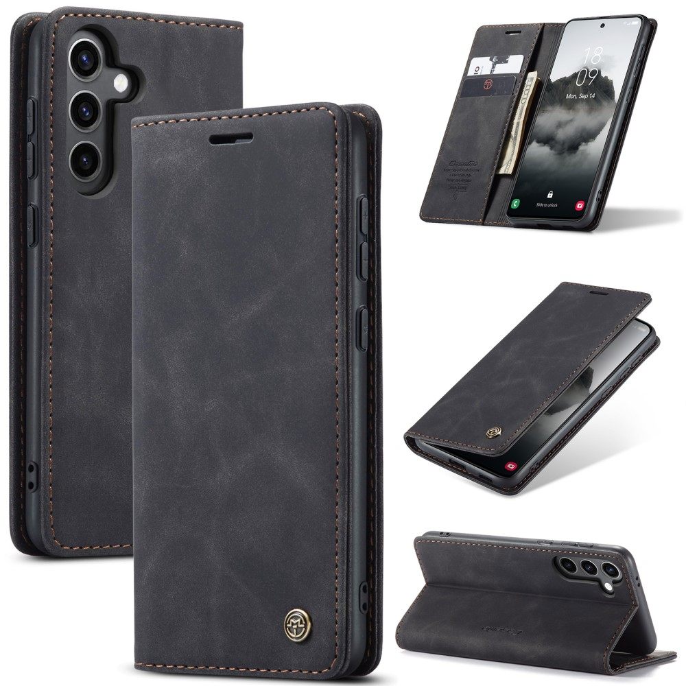 Samsung Galaxy S25 Leder Tasche Flip Wallet Etui mit Kartenfächern - Schwarz