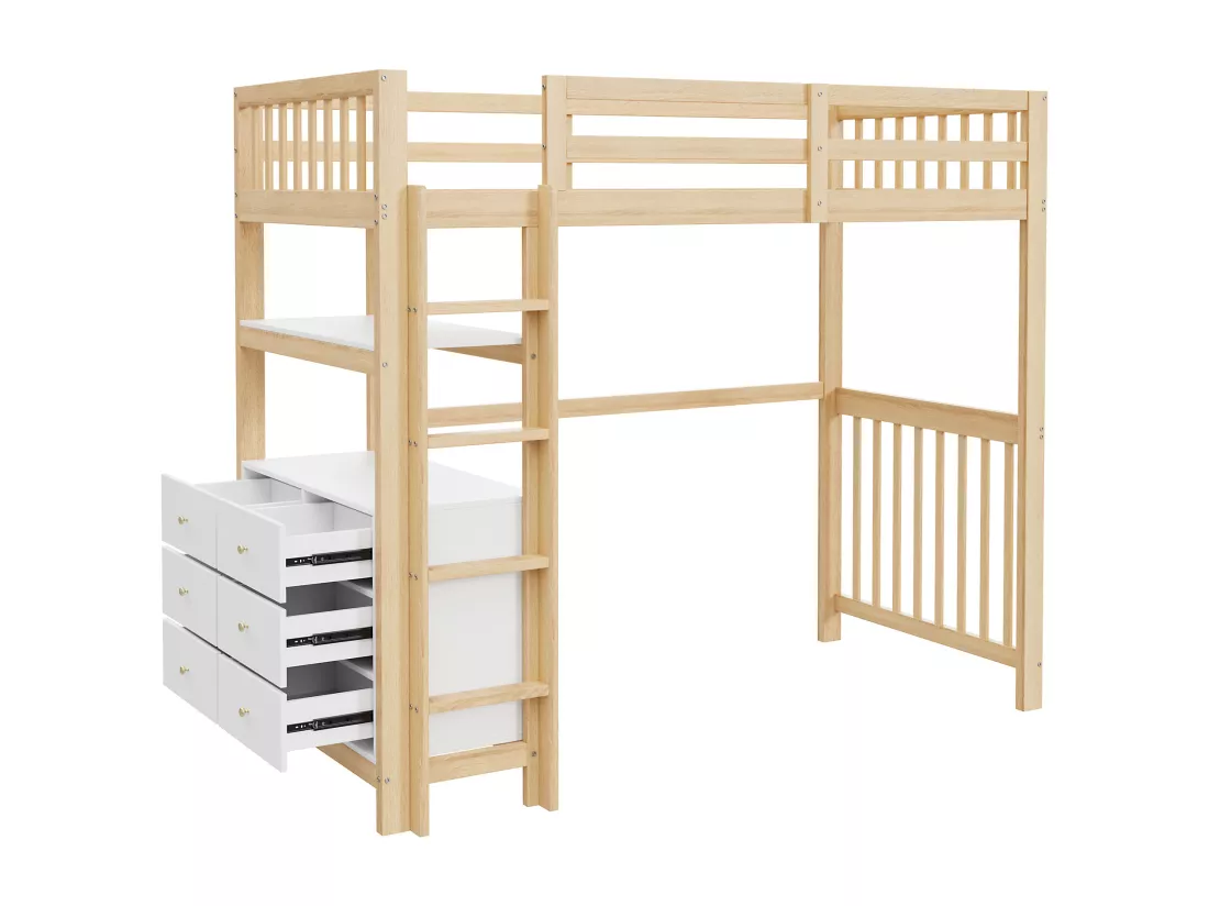 Lit mezzanine 90 x 200 cm avec avec bureau, étagère & 6 tiroirs - bois de pin et MDF - blanc et naturel (sans matelas)