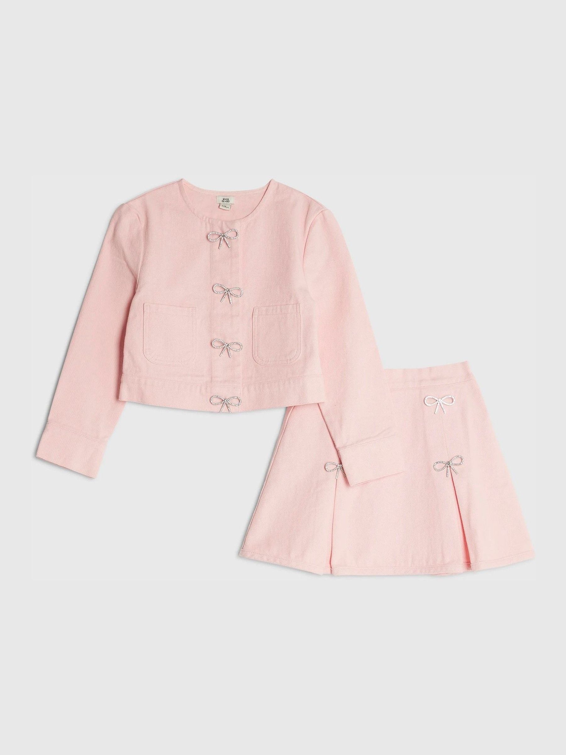 River Island Diamonte Bow Top & Skirt Set