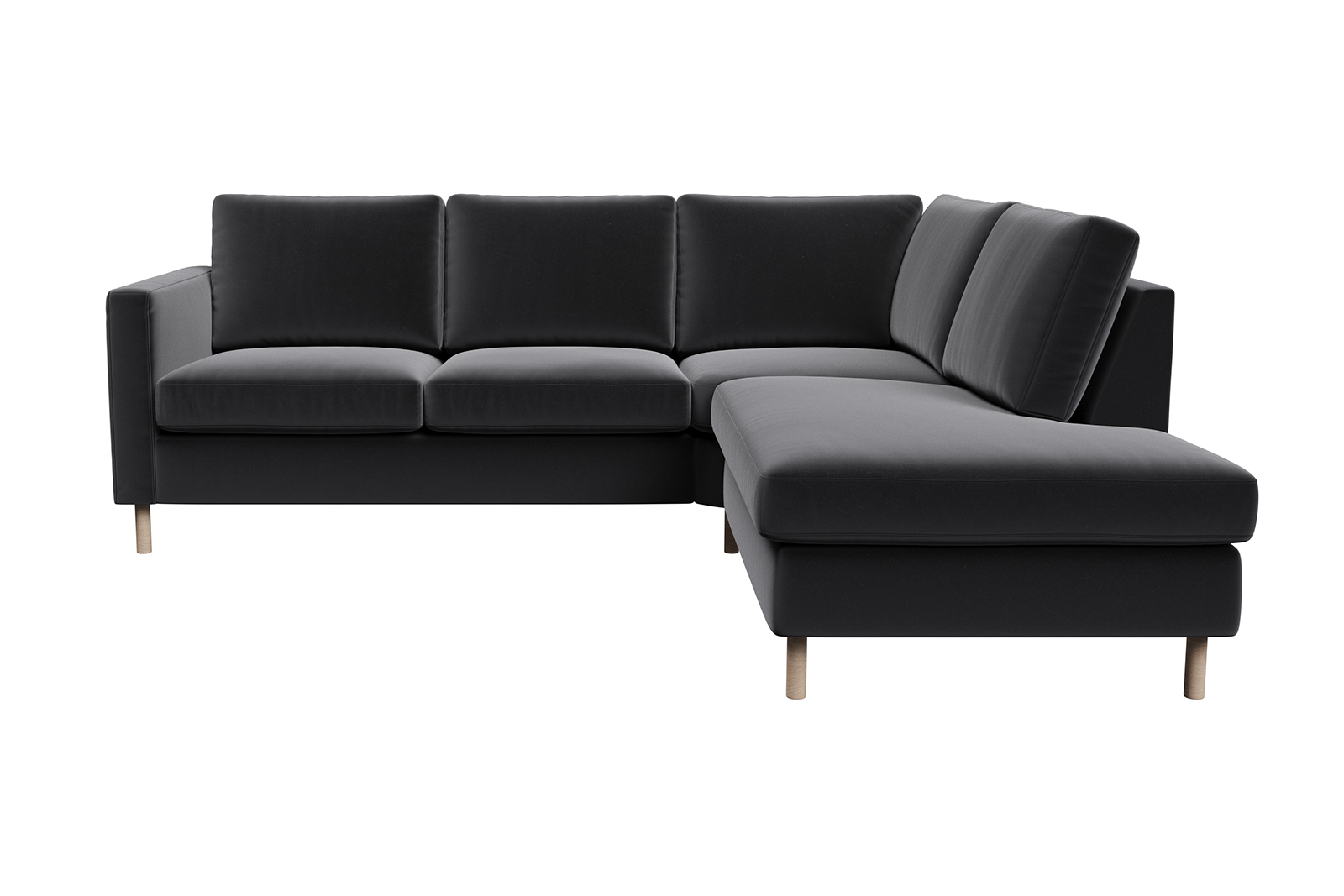 Viken hjørnesofa 2-seter med åpen ende høyre i tekstil Matt Velvet 99 Black med hvitoljet eikeben. Arm B og skum komfort.