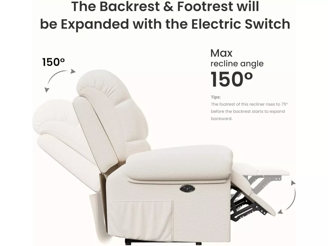 Fauteuil Relax électrique avec Repose-Pieds,Chaise salon en Velours Teddy,Fauteuil à loisirs Réglable,USB,Anti-statique,Confort,96x97x104cm Beige