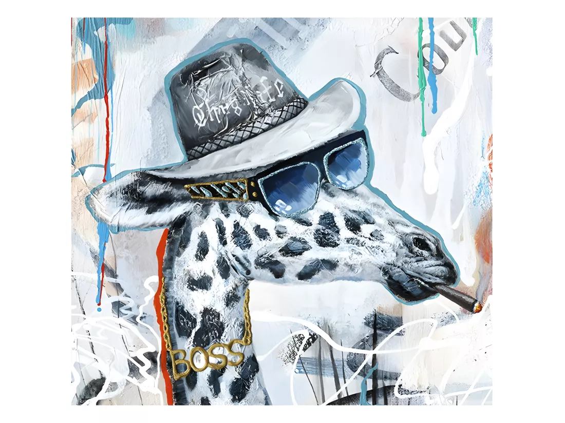 Tableau peinture girafe qui fume 100 x 70 cm style Urbain - The Boss