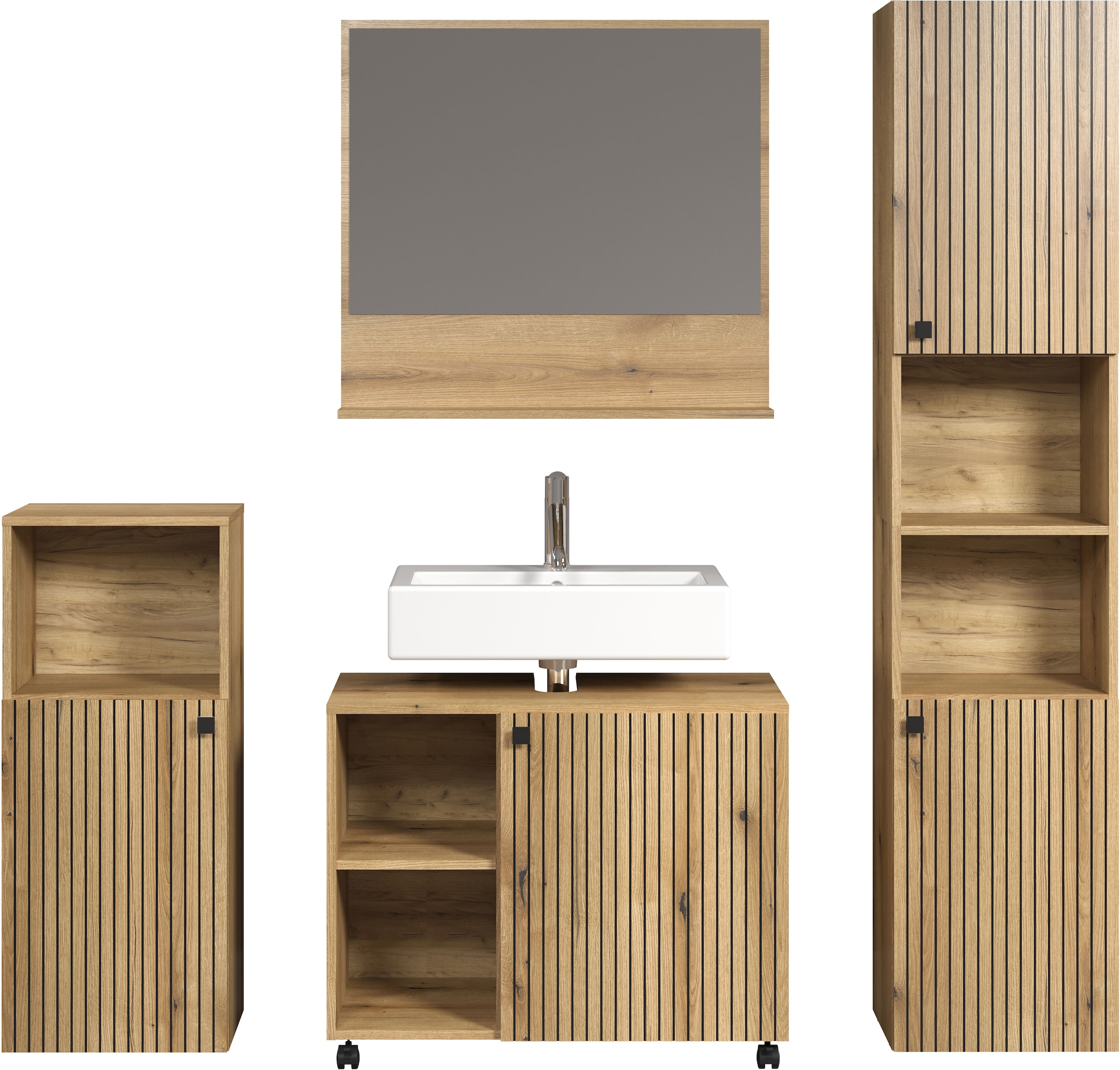 welltime Badmöbel-Set »Amrum Waschbeckenunterschrank Spiegel Hochschrank Badschrank« Komplett-Set, 4 Stk. tlg.
