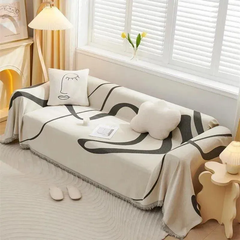 4 Chenille Line Pattern Throw Blanket with Tassel | Simple Nordic Jacquard Reversible Double Sided Sofa Cover