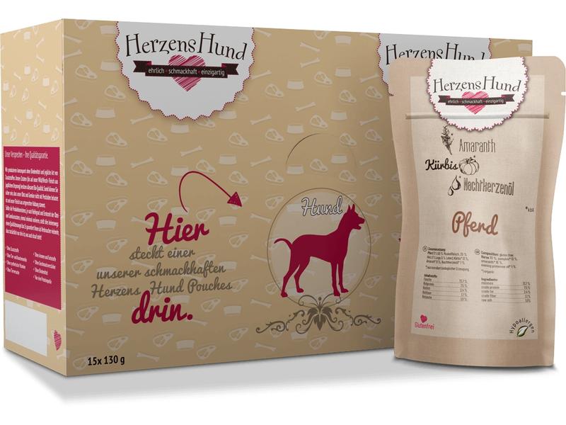 HerzensHund Nassfutter Pferd mit Bio-Gemüse, 130 g Premium Bio-Ergänzungsfuttermittel für erwachsene Hunde