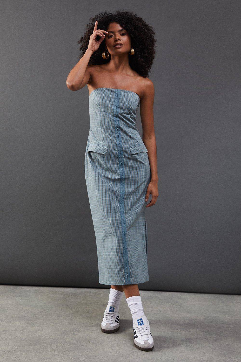 Warehouse Robe Midi Bandeau Ajustée à Carreaux avec Agrafes