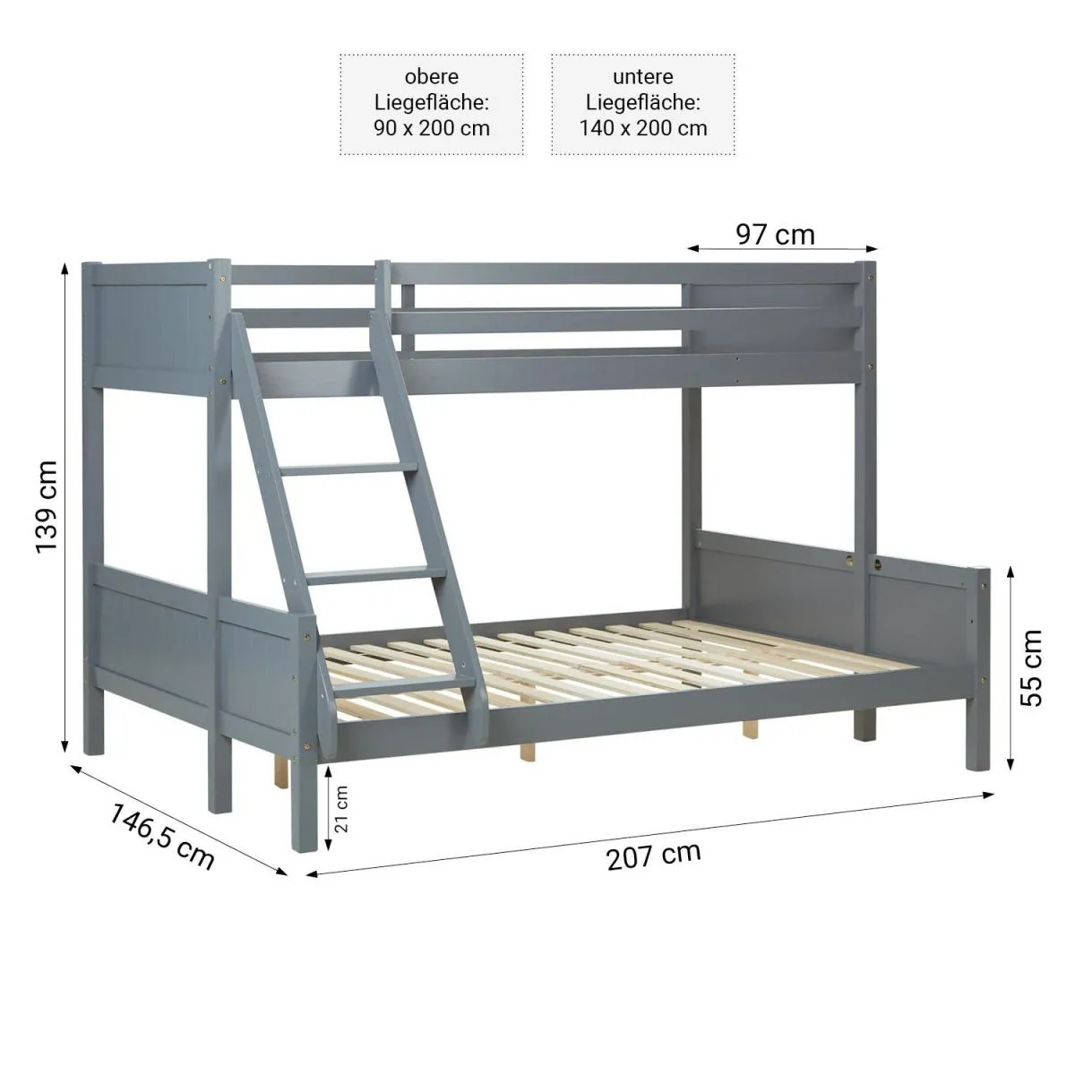 HOMESTYLE4U Lit superposé 90x200 et 140x200 cm - Gris