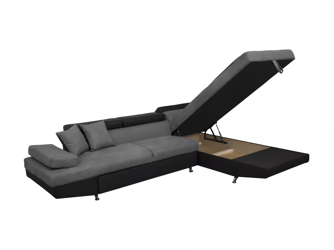 Canapé d'angle droit 5 places Rio Convertible avec coffre en microfibre et simili - Gris/Noir - L271 x P192 x H70cm - Loungitude