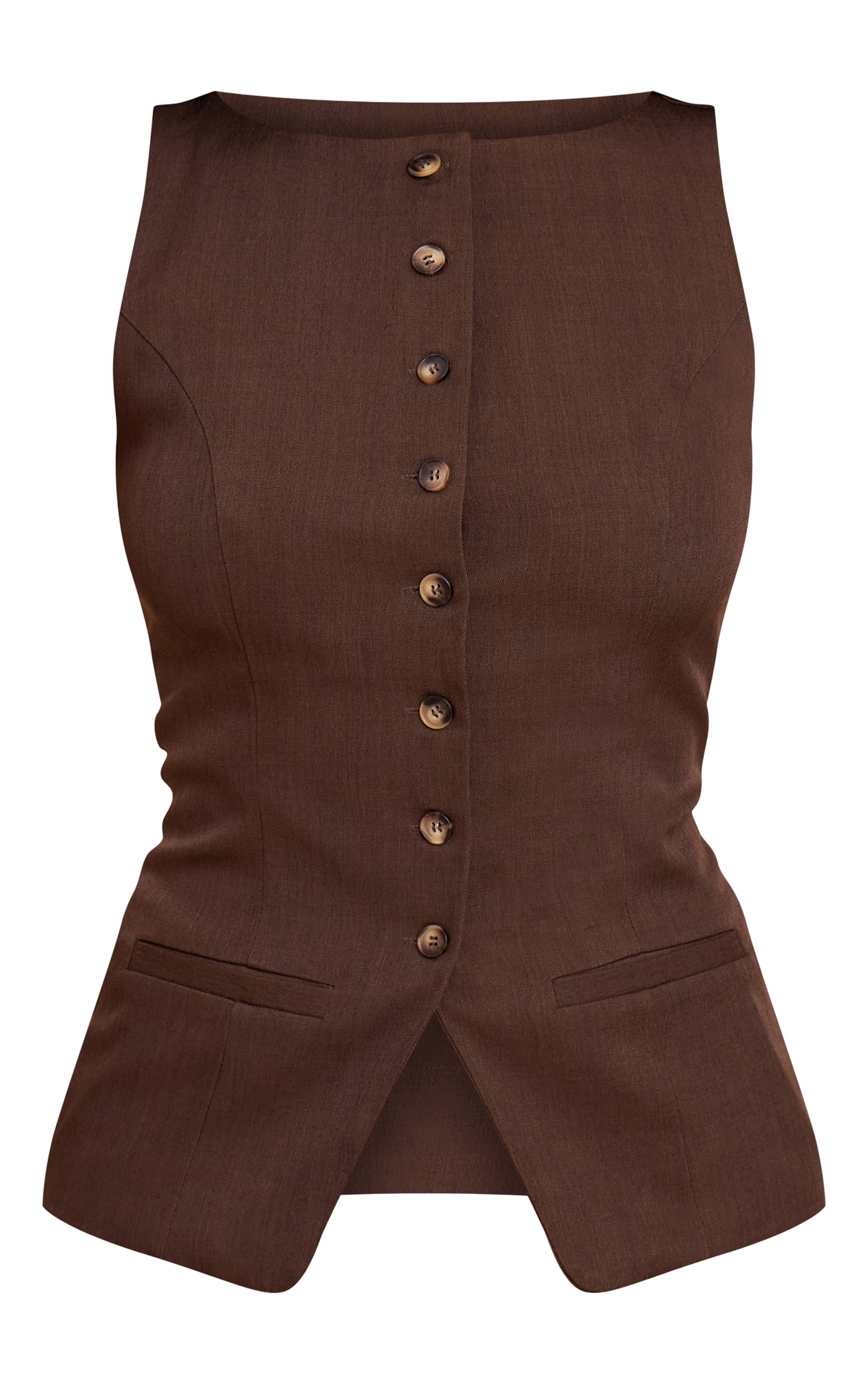 Marron Foncé Ensemble Coordonné Gilet Sans Manches Col Bateau Ajusté Tissé