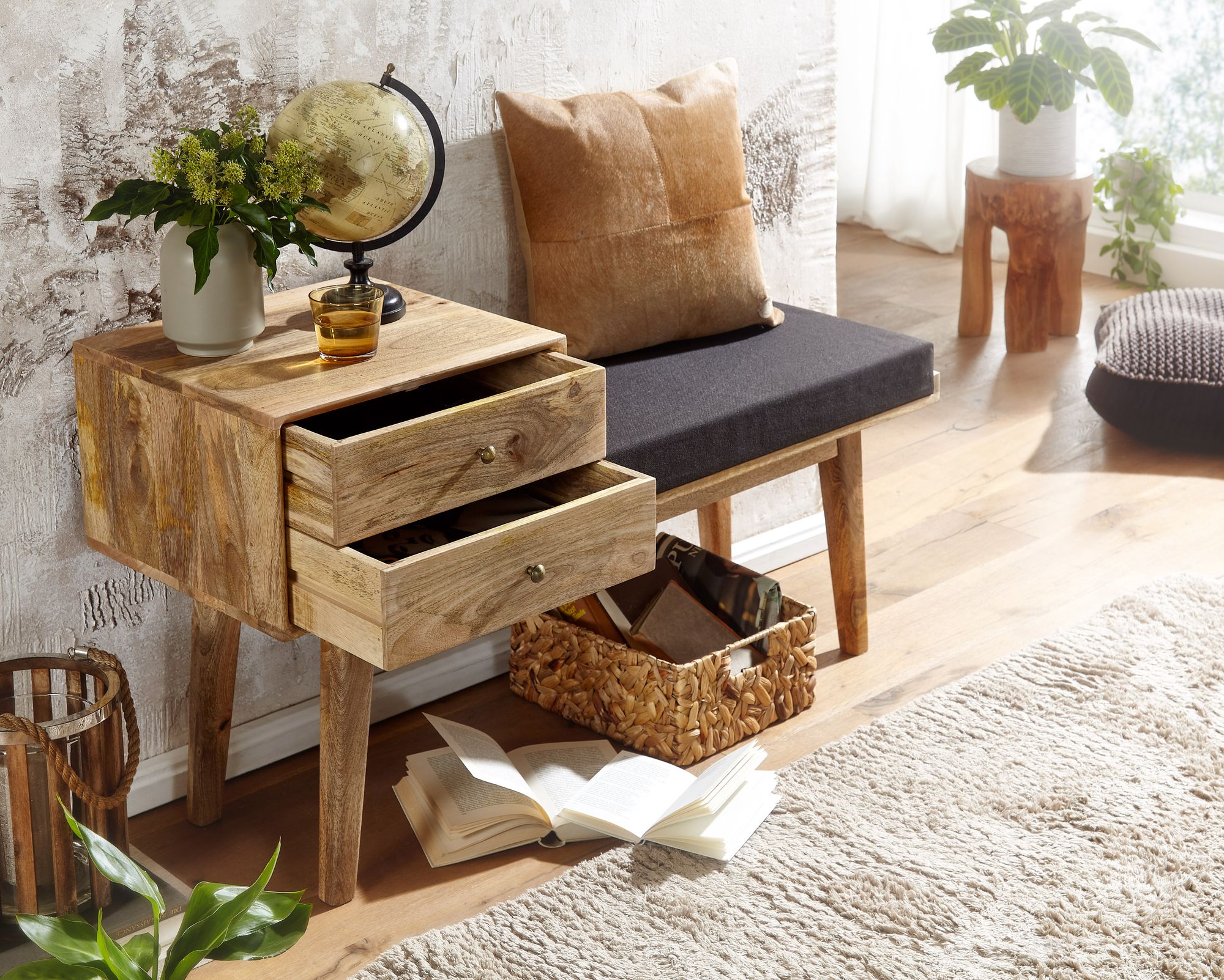 Sitzbank FineBuy Flurbank Stoff Holz Massiv 120 cm Polsterbank Stauraum Bank