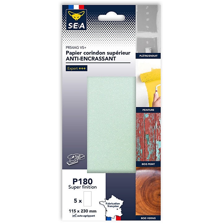 Papier abrasif anti-encrassant 115 x 230 mm grain 180 non perforé, lot de 5
