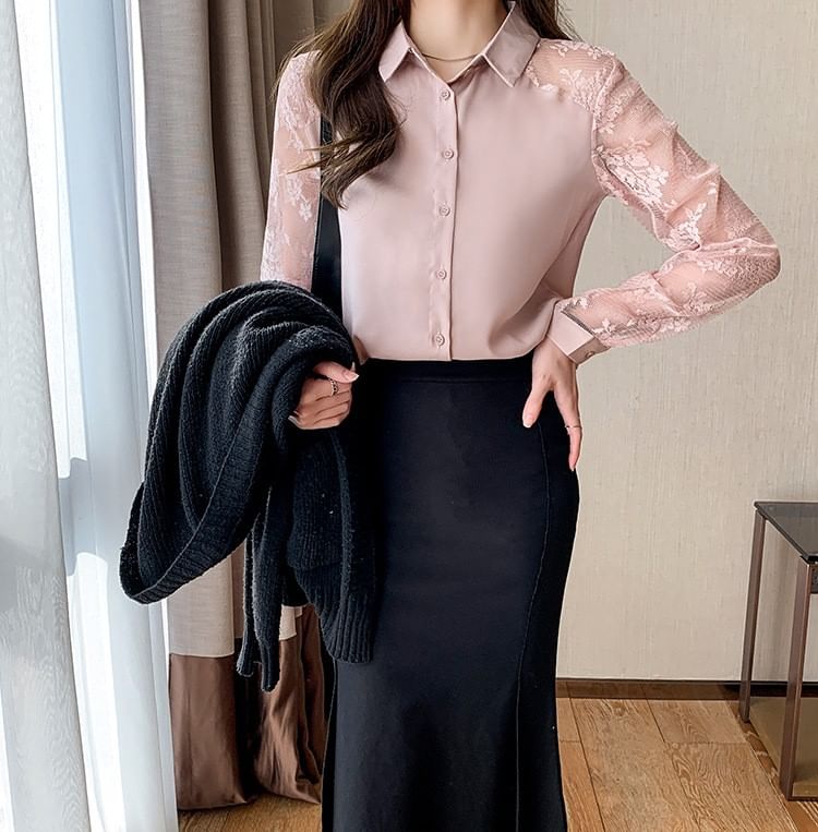 Coline - Shirt met lange mouwen en bloemenkant