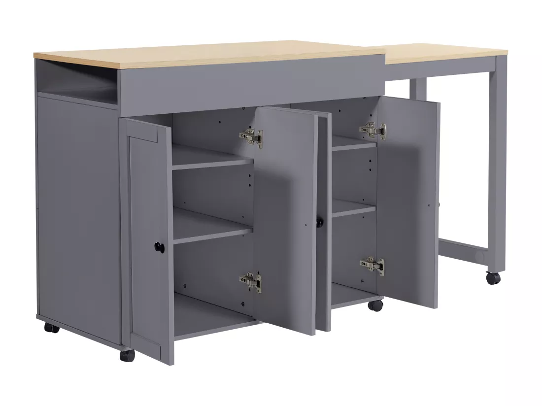 Ilot central de cuisine avec 4 portes - Plateau extensible - 118(180)x46x94 cm - Gris+naturel