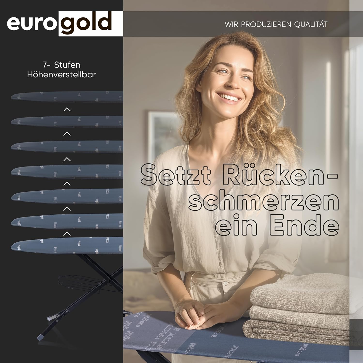 EUROGOLD Bügelbrett für Dampfbügelstation 130x48 cm – Bügelbrett XXL mit Steckdose, höhenverstellbarer Bügeltisch klappbar, mit Ärmelbrett & Bügeleisenablage, Reflektor-Bezug (Sydney Grey)