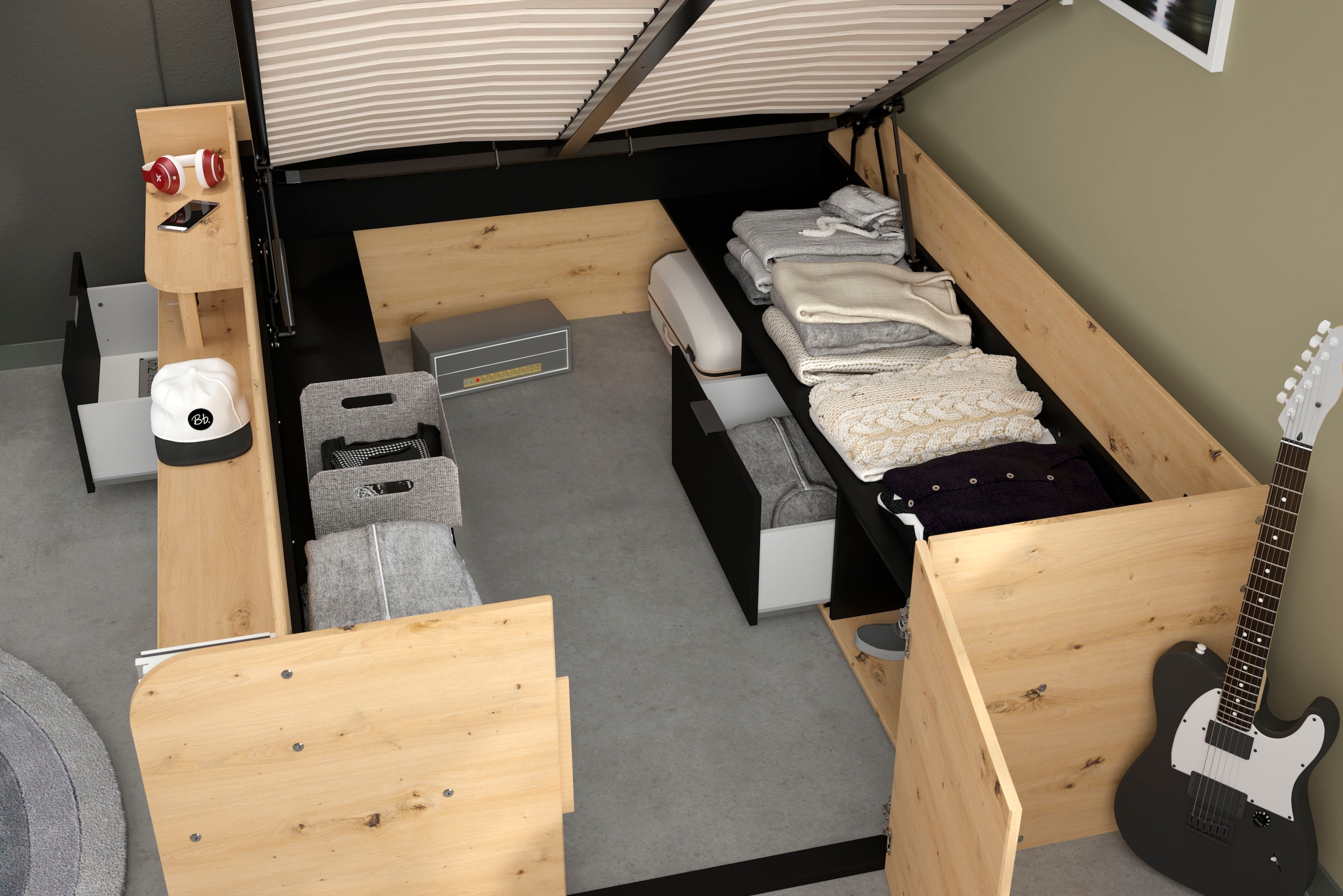Parisot Stauraumbett »Travel, maximaler Stauraum, wie ein begehbarer Kleiderschrank« Ablageflächen, hydraulischer Bettkasten mit Regalen, Schublade, Tür