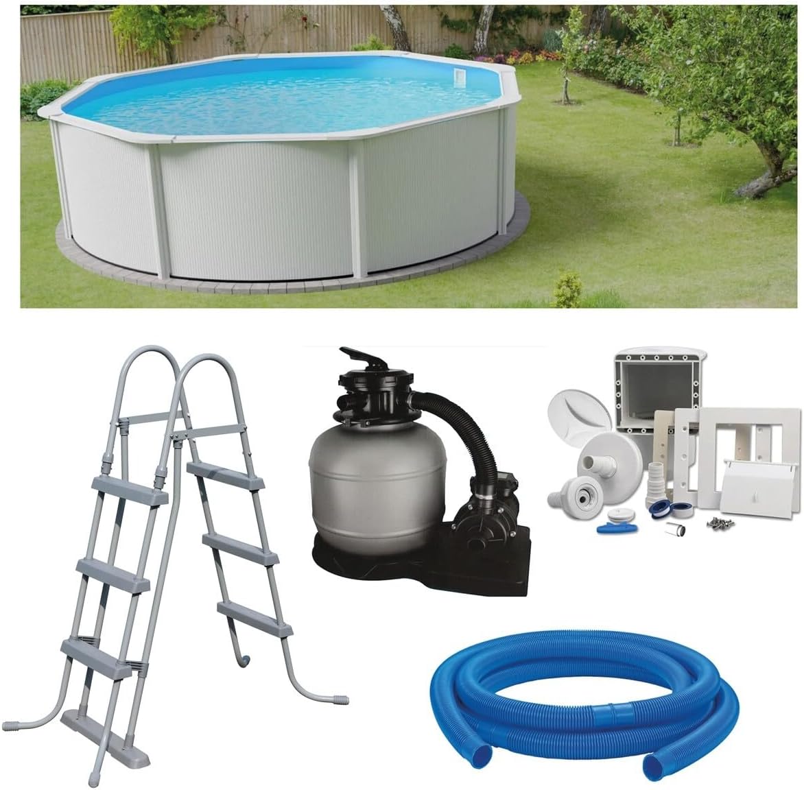Planet Pool Premium Rundpool-Set Ø 3,50 x 1,20 m, frei aufstellbar, feuerverzinkte Stahlwand, UV-stabilisierte Innenhülle, Skimmer, Sandfilter mit 4 m³/h und 6-Wege-Ventil, Sicherheitsleiter