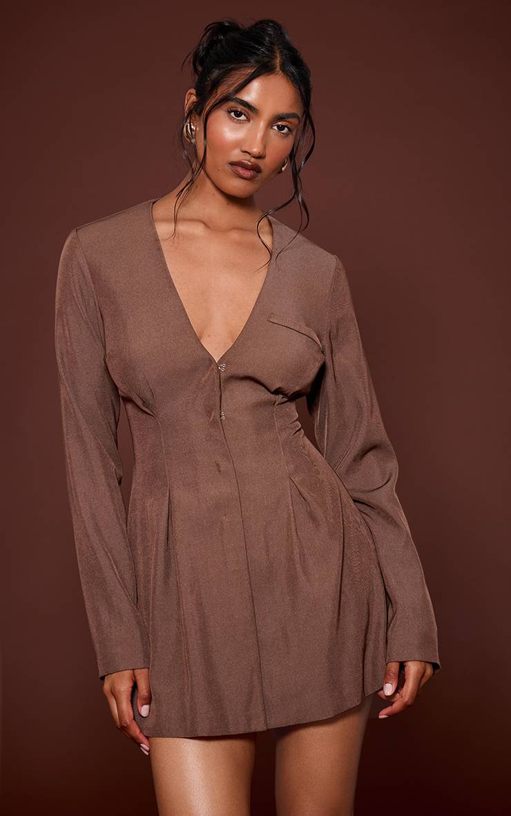 Chocolat Robe Blazer Plissée À Taille Cintrée