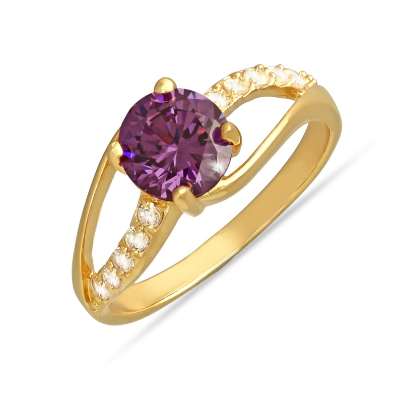 Bague plaqué or avec améthyste synthétique centrale et cubic zirconia