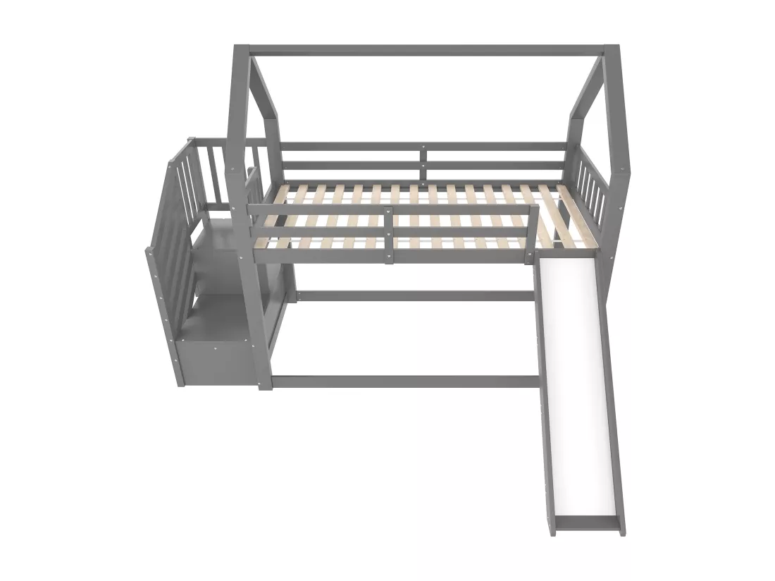 Lit superposé 90x200cm en bois - avec barrières + escalier de rangement + toboggan - Gris
