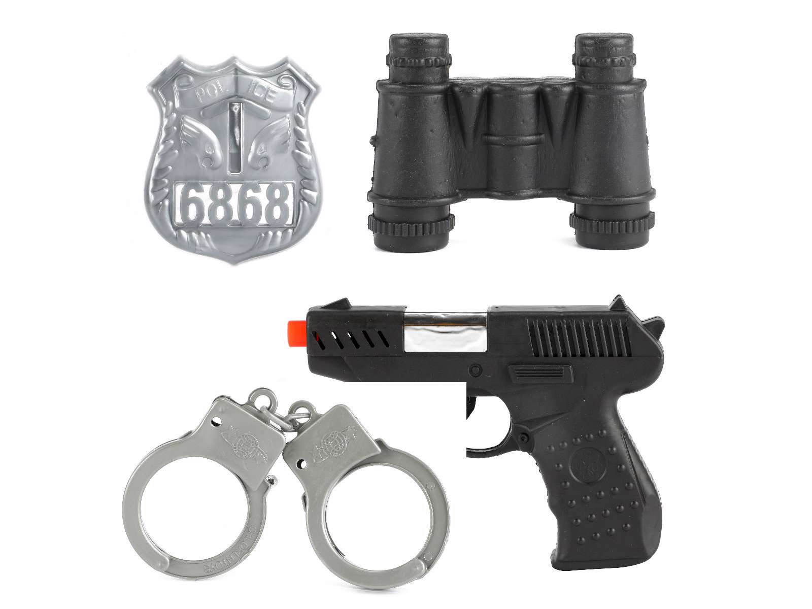 Polizei Spielset - Spielzeugpistole, Handschellen, Schild, Fernglas