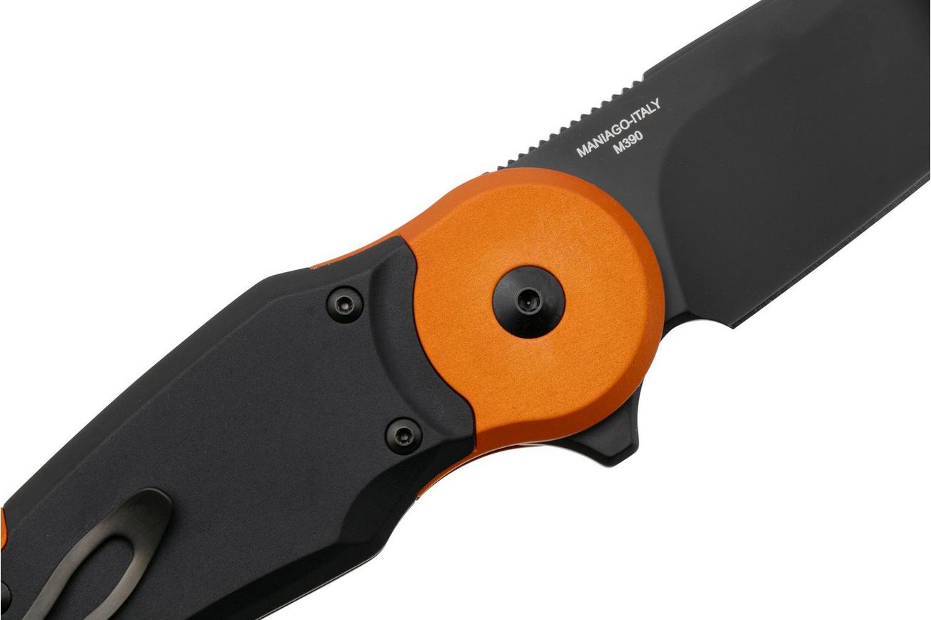 Fox Metamorphosis FX-556-B6, M390 PVD Wharncliffe, Black Aluminium, Orange Aluminium Bolster, zakmes