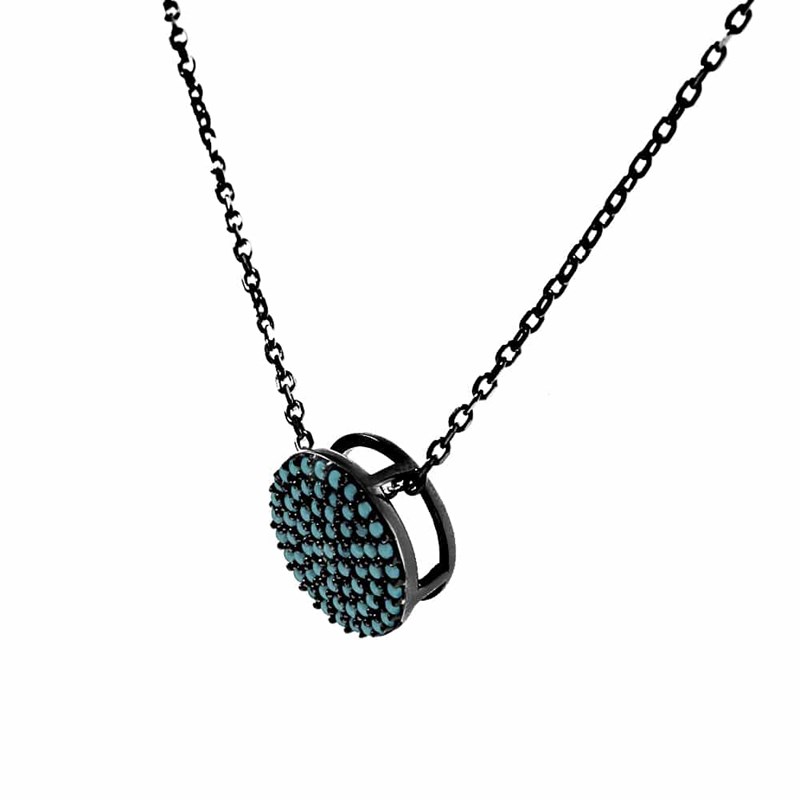 Collier Médaillon Noir Forme Ronde Couleur Turquoise