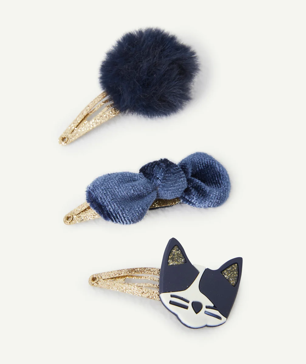 LOT DE 3 BARRETTES BÉBÉ FILLE PAILLETÉES BLEU MARINE