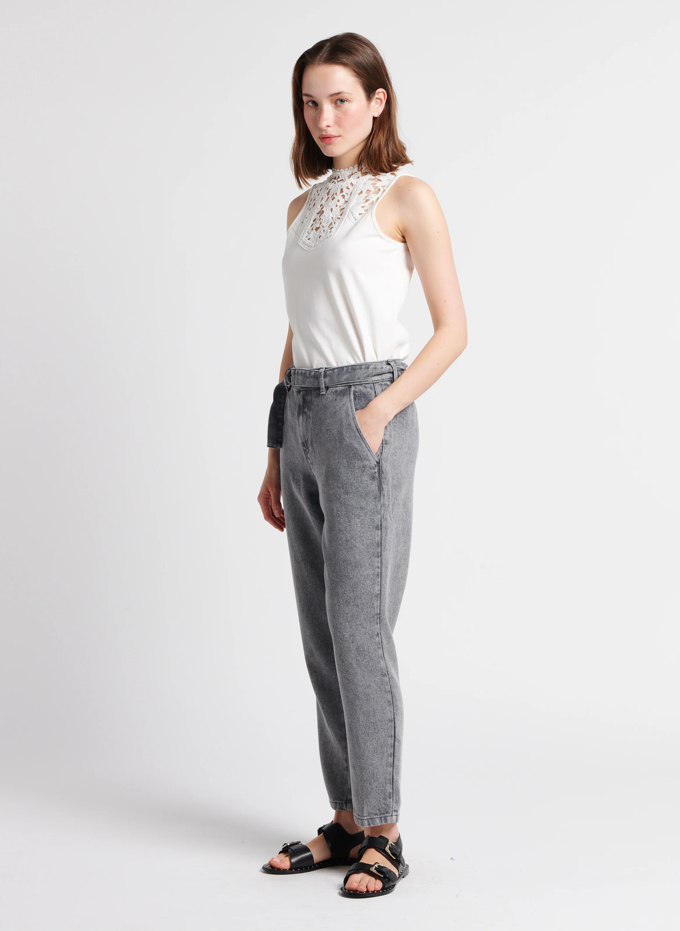 Jean baggy cropped taille haute délavé | Gris