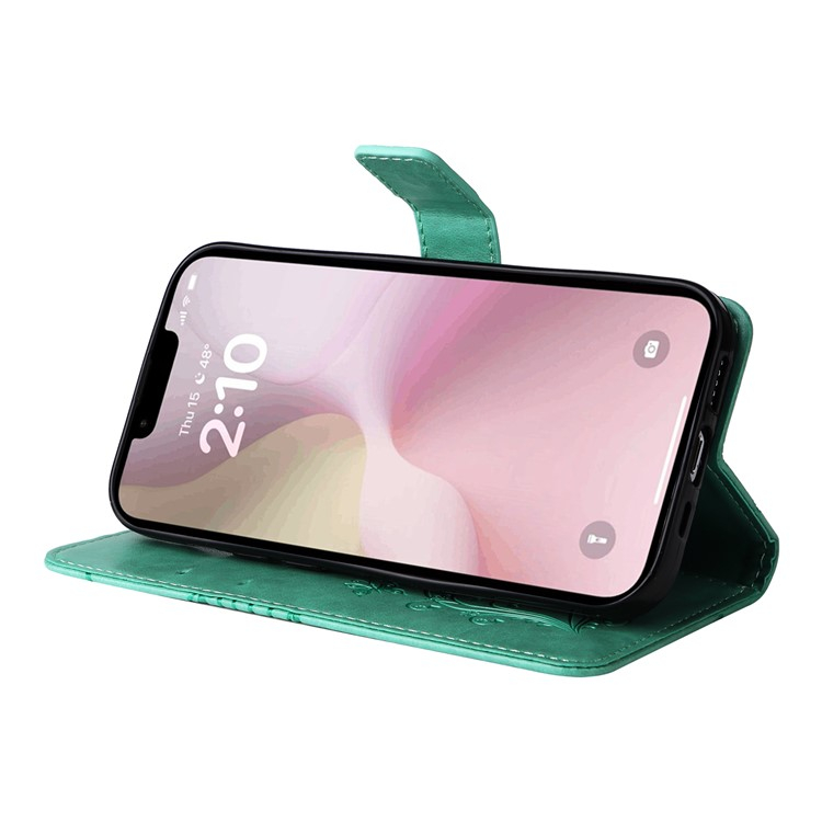 iPhone 16e Leder Tasche mit Kartenfach   Handschlaufe Schmetterling - Türkis