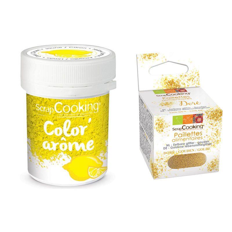 Colorant alimentaire jaune arôme citron + paillettes dorées Scrapcooki