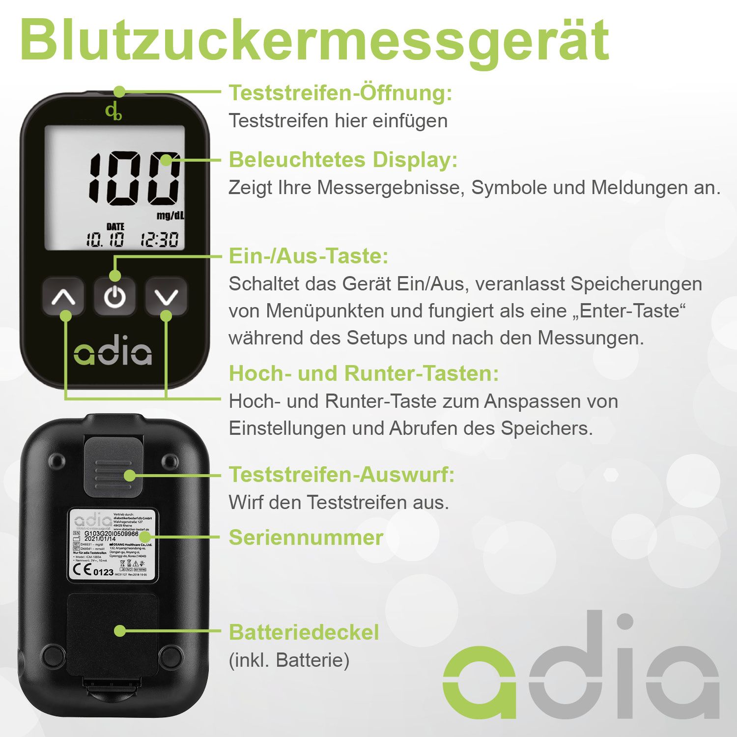 adia Blutzuckermessgerät-Set (mg/dl) zur Blutzucker-Kontrolle bei Diabetes