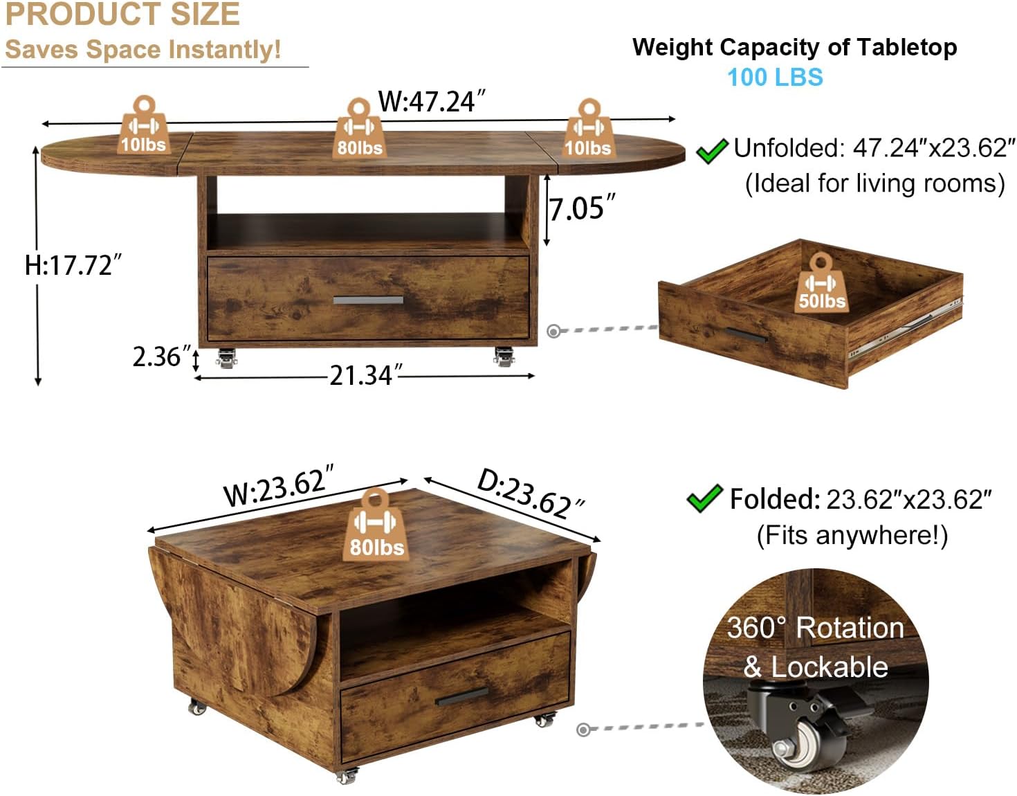 IBF Couchtisch Mit Schublade Stauraum Holz Oval Couchtisch Wohnzimmer Tisch Modern Ausziehbarer Mitteltisch Für Schlafzimmer Multifunktional Rollbarer Teetisch Beistelltische Rustikal Braun 120 cm
