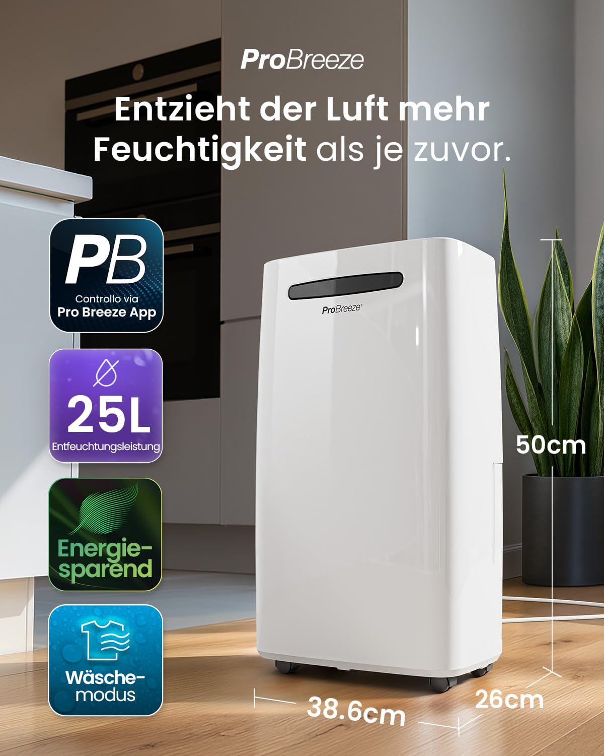 Pro Breeze Luftentfeuchter 25L in 24h Entfeuchtungsleistung - Raumgröße ca. 195m³ (~30 m²) - mit 4 Betriebsarten, Digitalanzeige, Ablaufschlauch, Wäschetrocknung, Timer - Gegen Feuchtigkeit, Schimmel