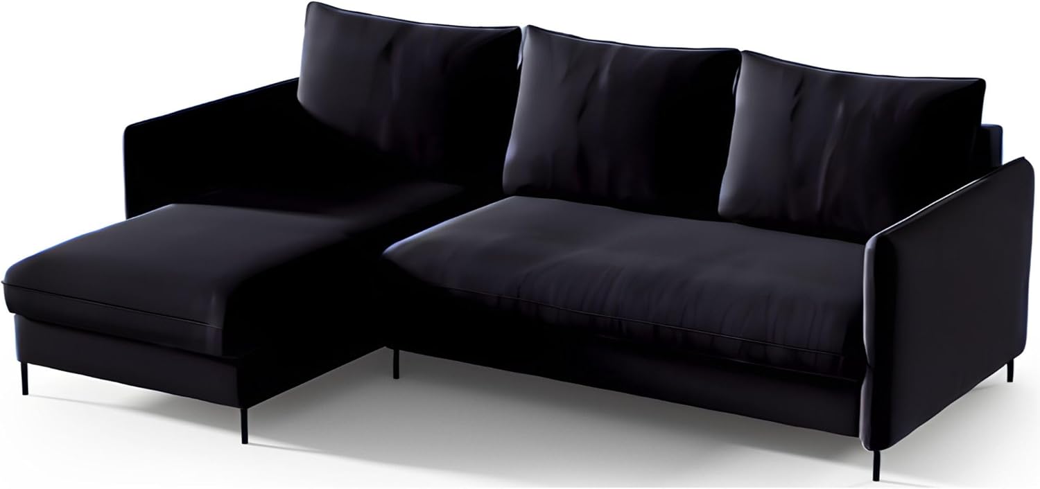 BELIS Ecksofa mit Schlaffunktion L-förm Liegefläche: 201 x 150 cm Boucle-Velours-Stoff Sofa 3-Sitzer Ecksofa mit Schlaffunktion und Bettkasten (Riviera 100 - schwarz)