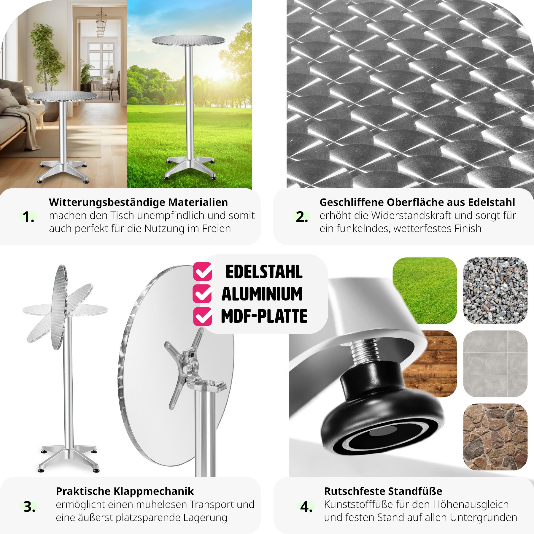 tectake® Stehtisch, aus Aluminium, rund, standfest und pflegeleicht, 60 x 75/115 cm