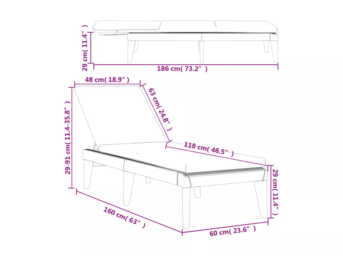 Chaise longue avec coussin blanc 186x60x29 cm PP