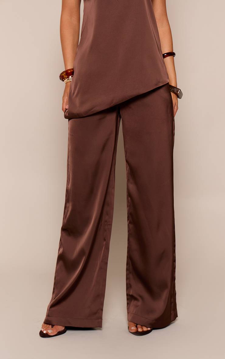 Chocolat Pantalon Large Ample En Satin Ensemble Coordonné