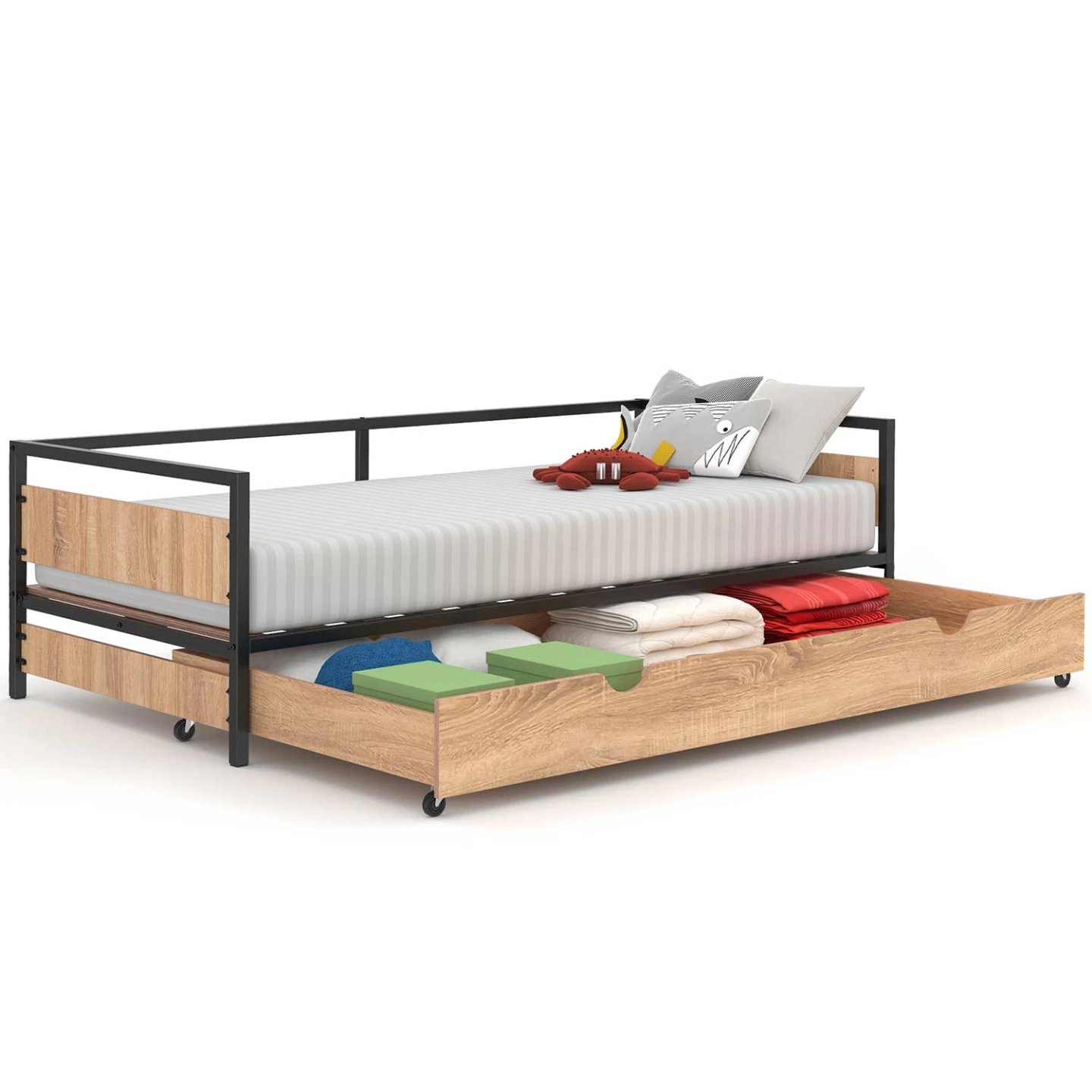 Lit enfant DETROIT 90 x 190 cm avec tiroir gigogne et rangement style industriel