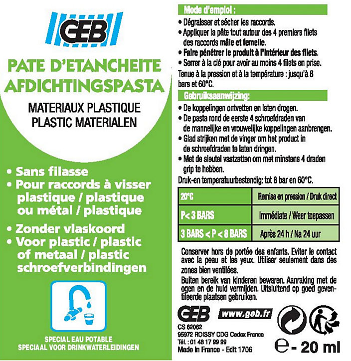 Pâte d'étanchéité GEB pour plastiques ou raccords métal/plastique en tube de 20 ml