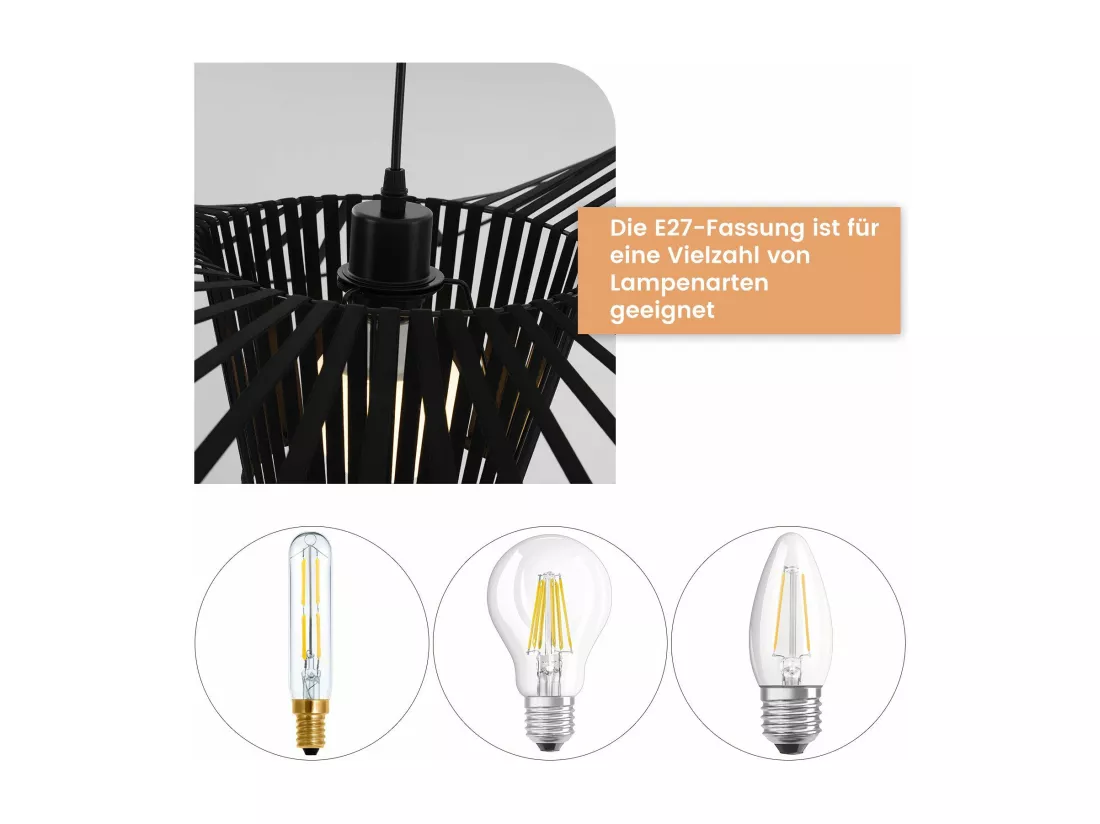 NETTLIFE Suspension Noir E27 Moderne Diam.60cm Polycarbonate Design Chapeau Max.40W pour Salon salle à manger cuisine, sans Ampoule