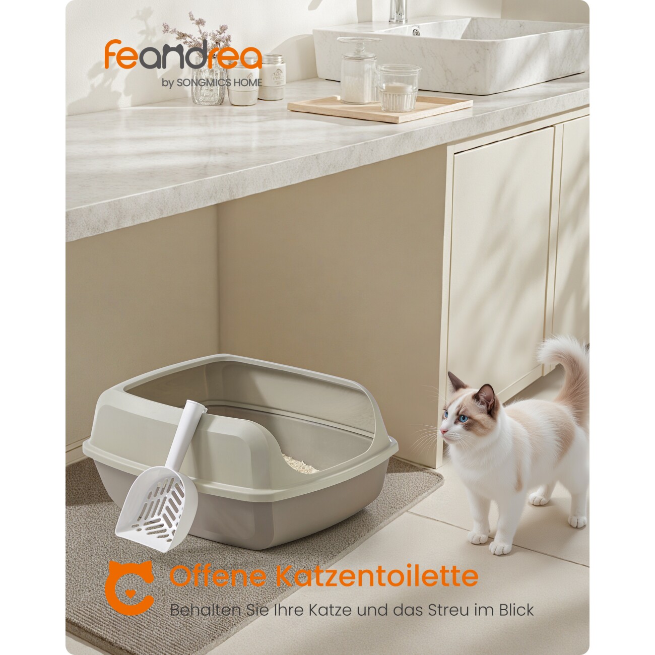 FEANDREA Katzenklo mit hohen Seitenwänden, offene Katzentoilette, mit Schaufel