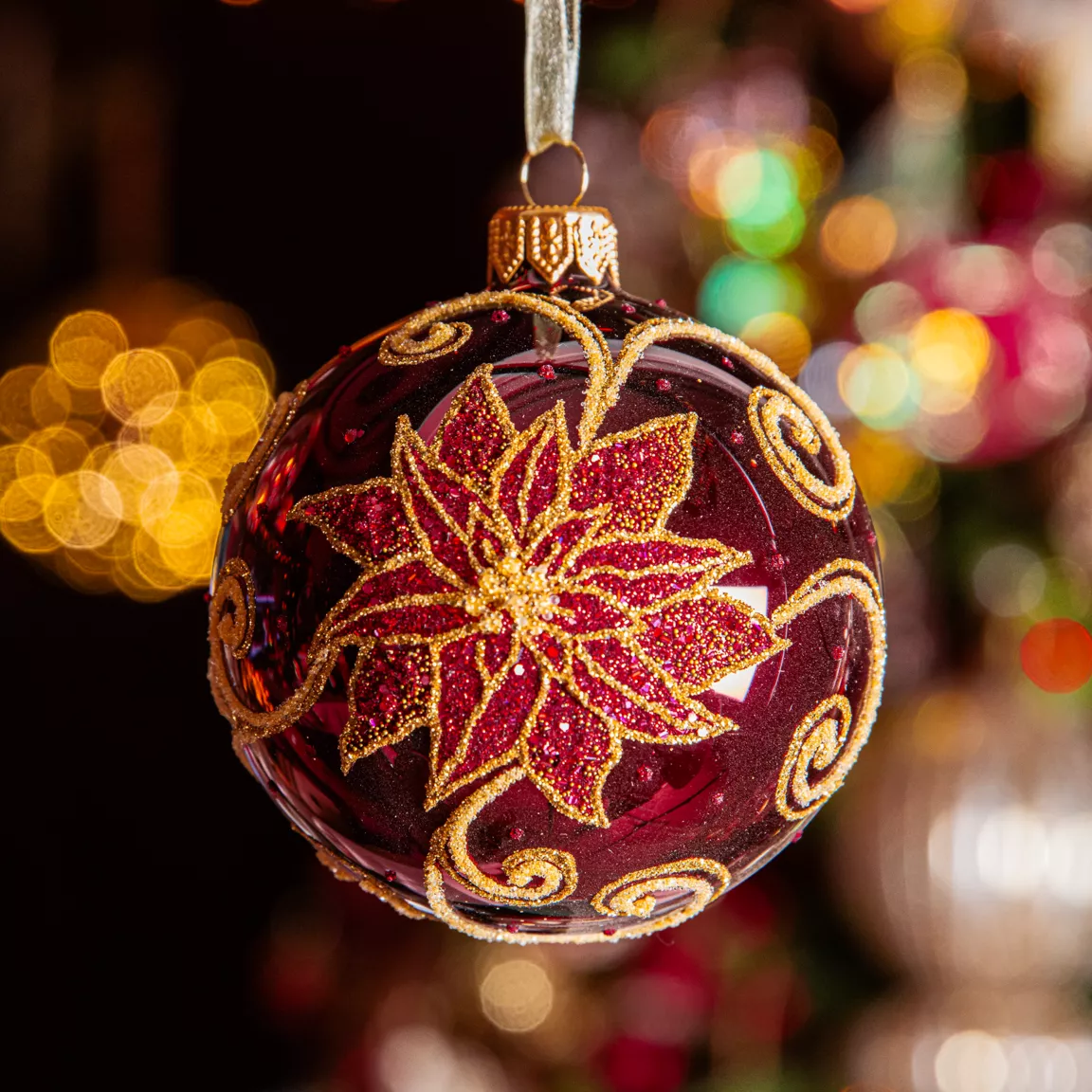 Lot de 6 boules de Noël en verre (D80 mm) Poinsettia Bordeaux