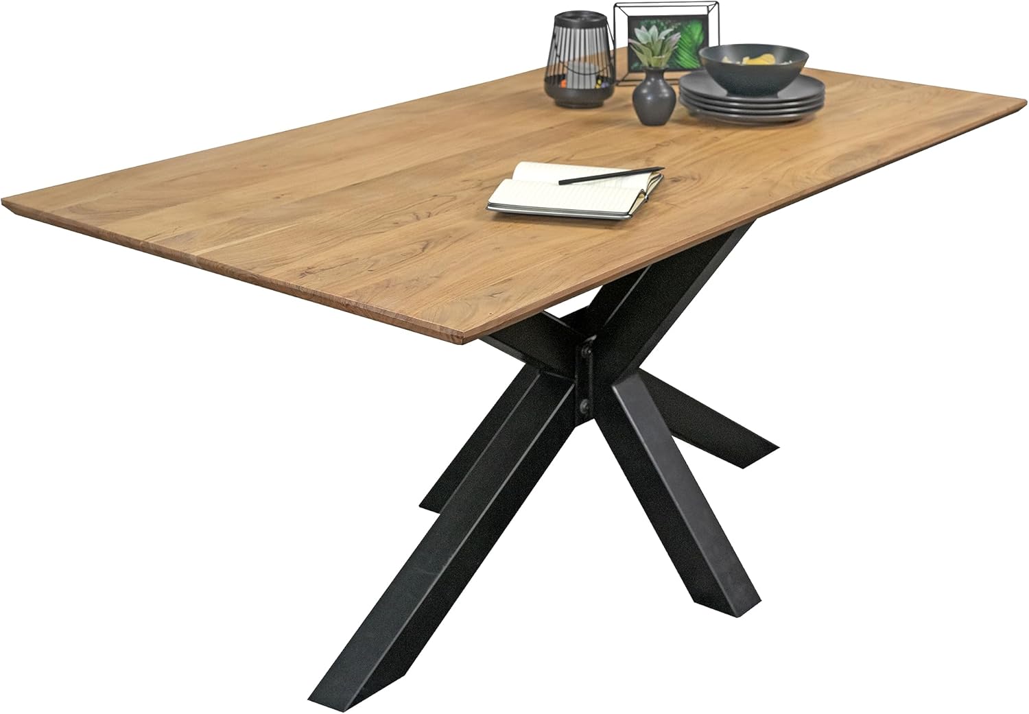 SAM Esstisch 180x90 cm Abby, Akazienholz massiv + naturfarben, Esszimmertisch mit Schweizer Kante, Spider-Metallgestell Schwarz, massiver Holztisch