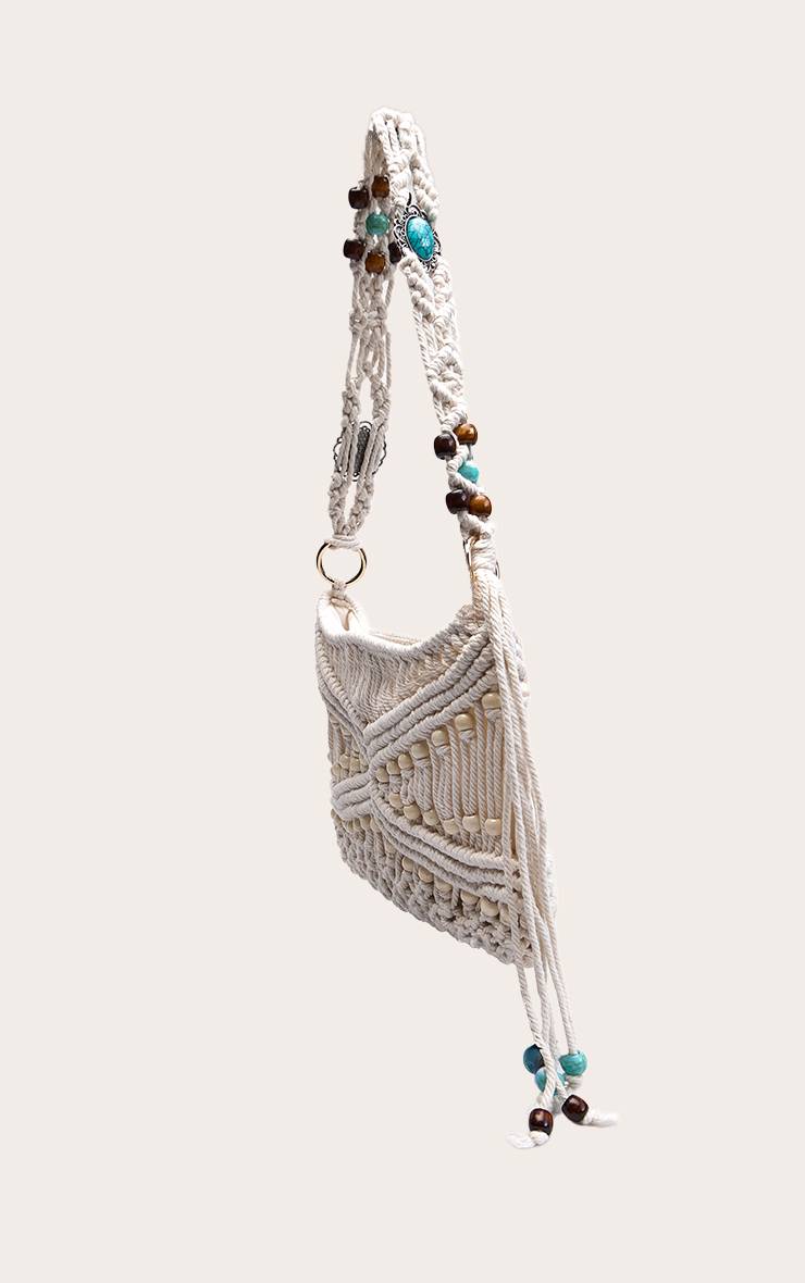 Crème Sac À Bandoulière Avec Garniture De Perles Macramé