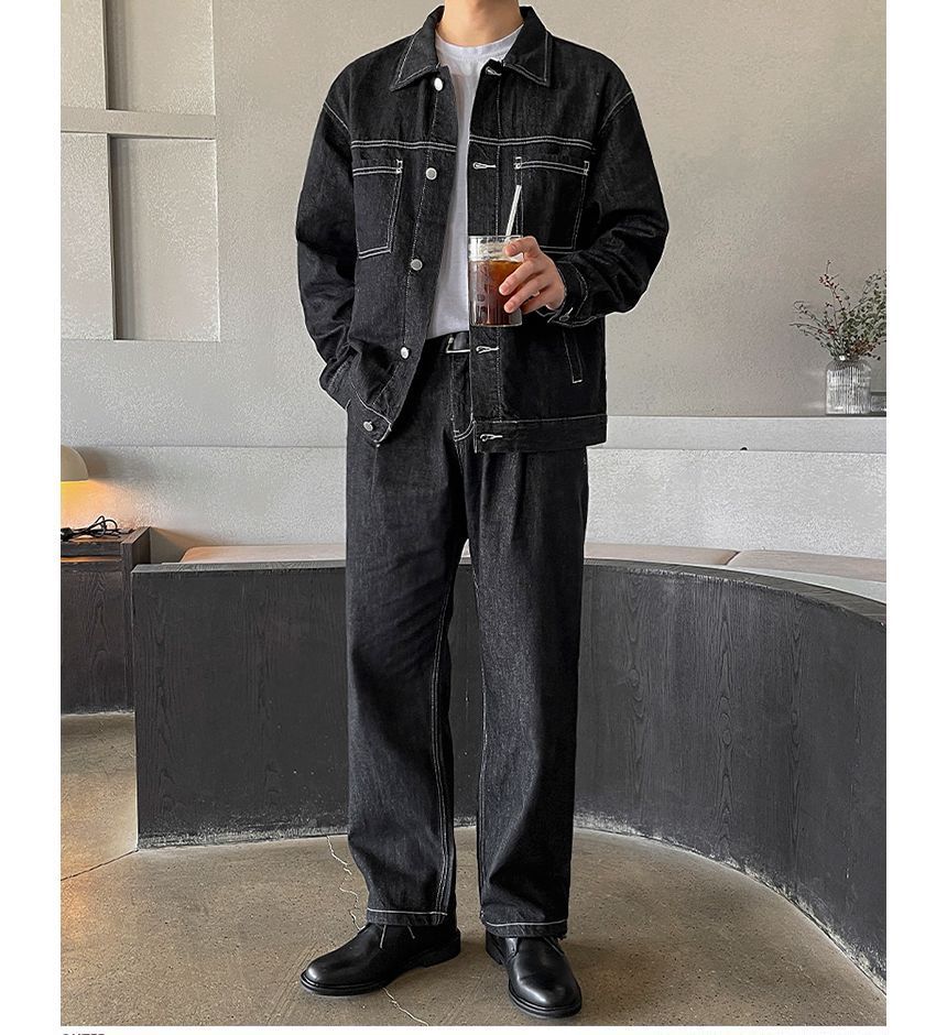 MRCYC - Denim jack met kraag, zakken en knopen / Hoge taille rechte jeans