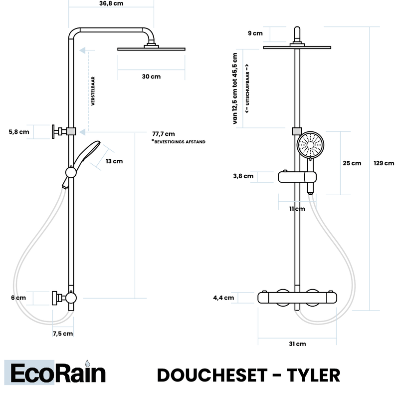 EcoRain Waterbesparende Regendoucheset Tyler 30 cm Vierkant Zwart met Thermostaatmengkraan - 30% Waterbesparing - Regendoucheset - 12 cm Handdouche - Universele Douchekop - Antikalk Douchekop