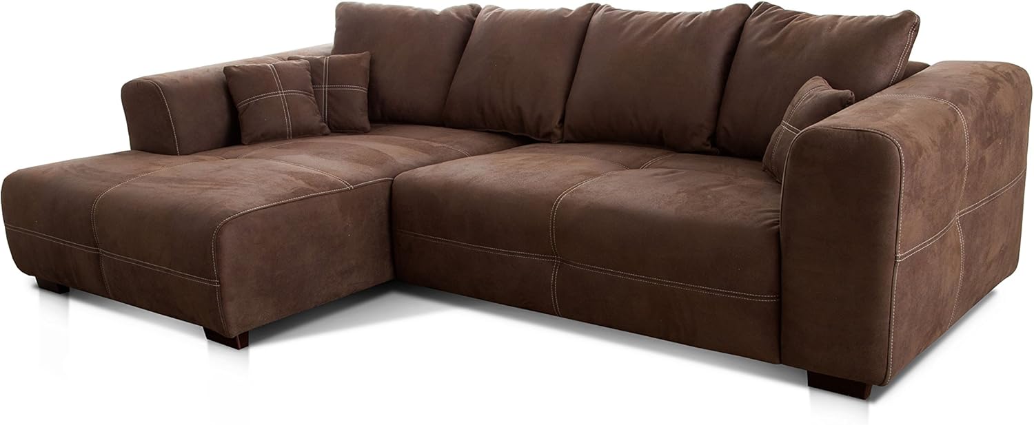 Cavadore Ecksofa Mavericco / XXL Eckcouch Inkl. Rückenkissen und Zierkissen / Longchair links / Industrial Style / 285 x 69 x 170 (BxHxT) / Mikrofaser Braun