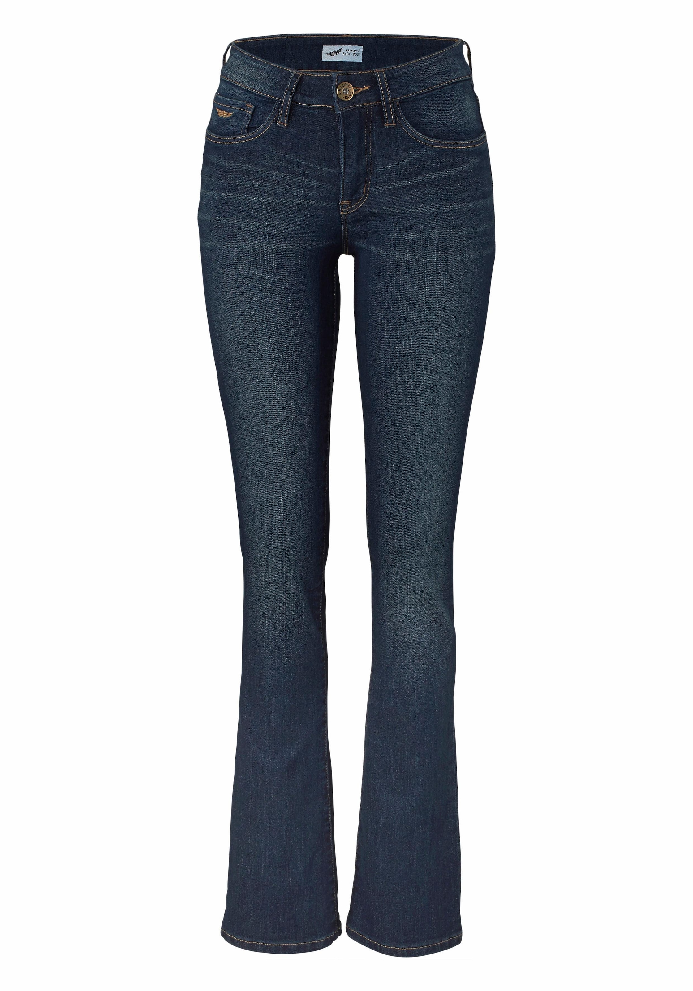Arizona Bootcut-Jeans »Baby-Boot« Bootcut-Stil, figurbetonte Passform, mit Used-Effekten